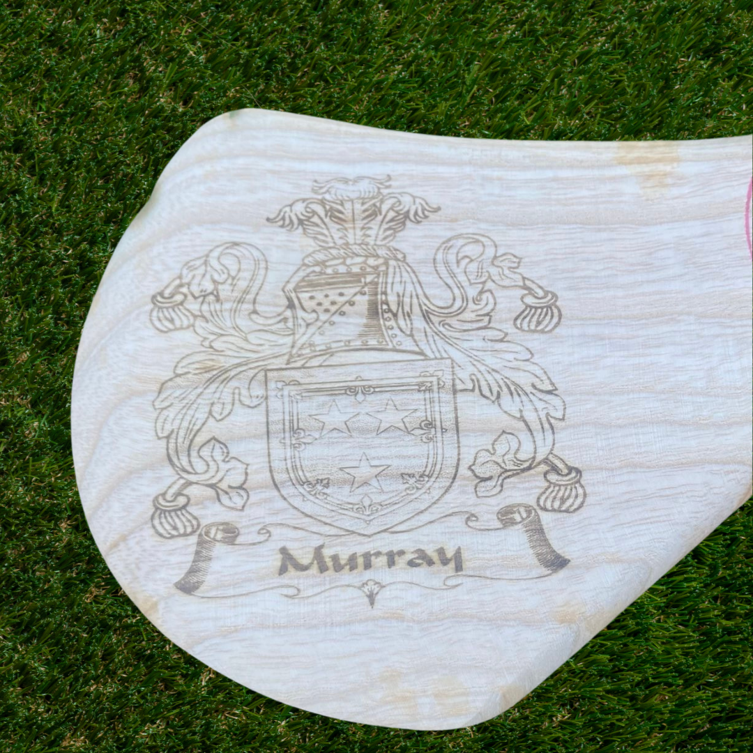 Ash hurl, engraved hurl, 14" hurls, Murray family crest