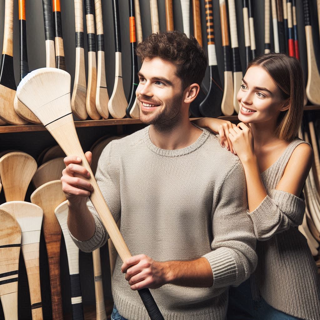 Man and women choosing a Hurley stick, Hurleys in the background, Irish couple