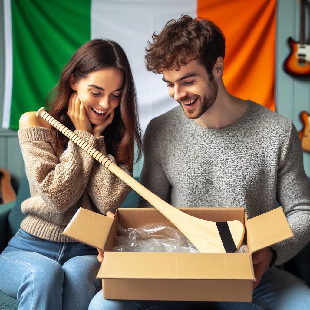 Man and women unboxing a Hurley stick, Irish couple