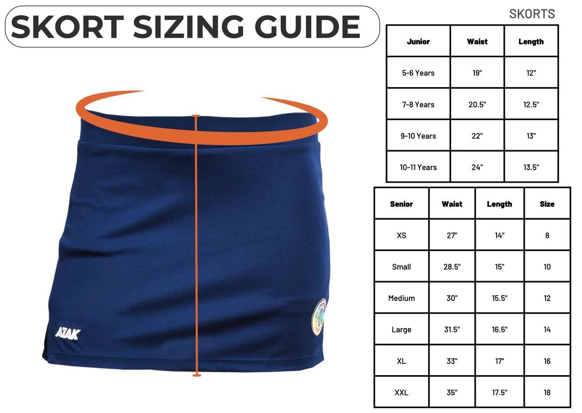 Nav skort and size chart on a white background