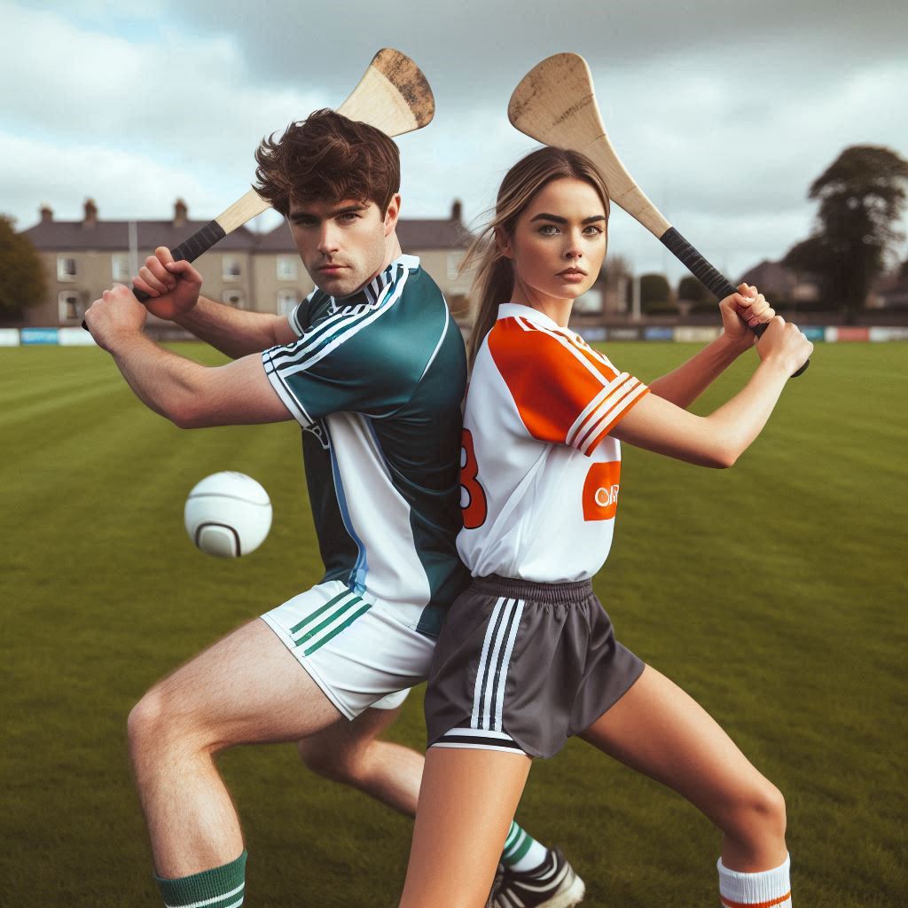 Irish man and women standing back to back with Hurley sticks in their hands on a hurling field