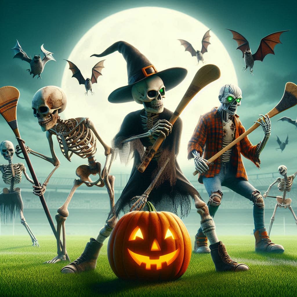 Skeleton, zombie and witch playing hurling, holding hurling sticks with a pumpkin on a hurling pitch 